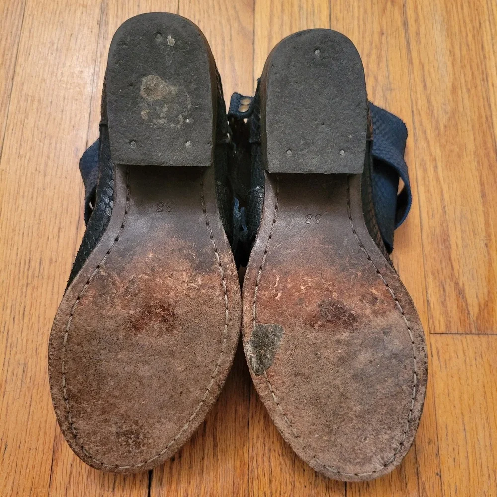 Free People 7.5 Tortuga Blue Snakeskin Embossed‎ Leather Moto Ankle Boots 38